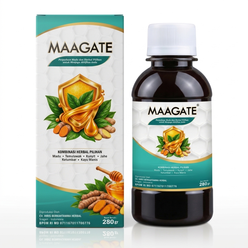 Produk MAAGATE, kemasan kotak dan botol